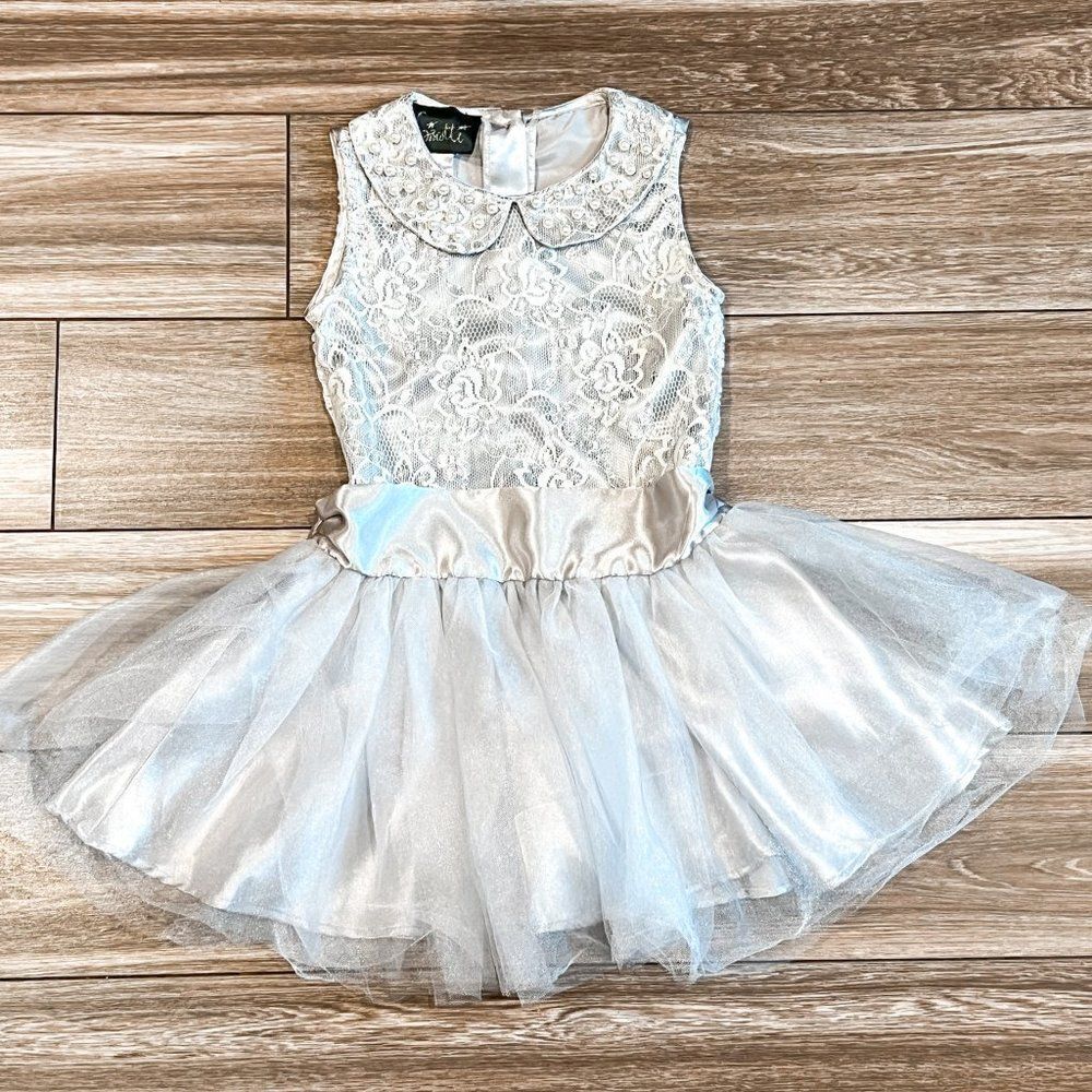 Biscotti Silver Lace and Tulle Dress with Pan Collar, Size 6